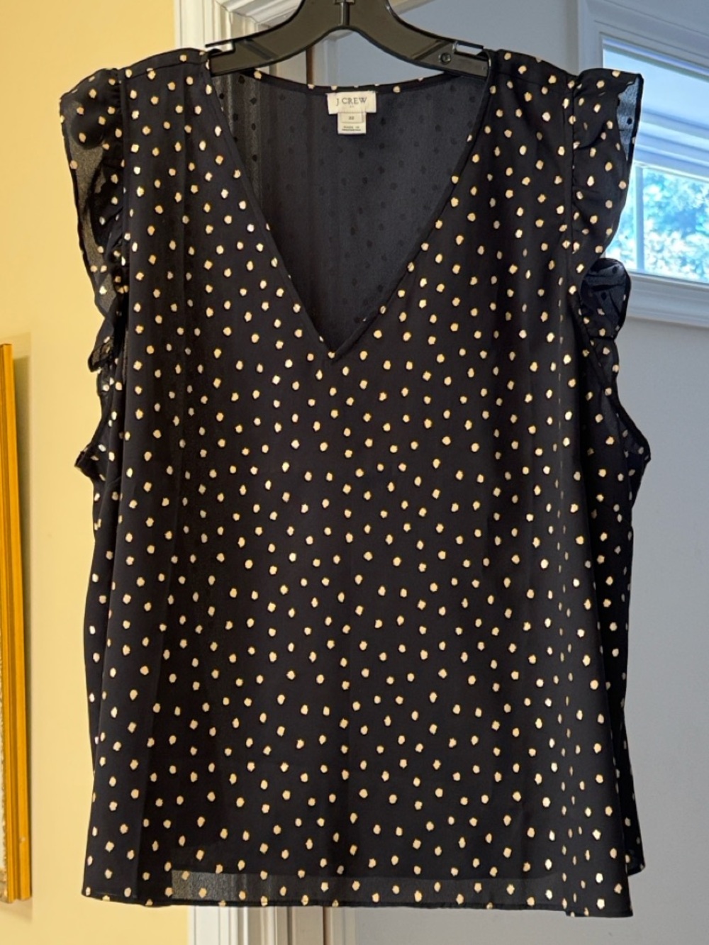 J. Crew Black Flutter Sleeve V-Neck Metallic Polka Dot Top Sz 22